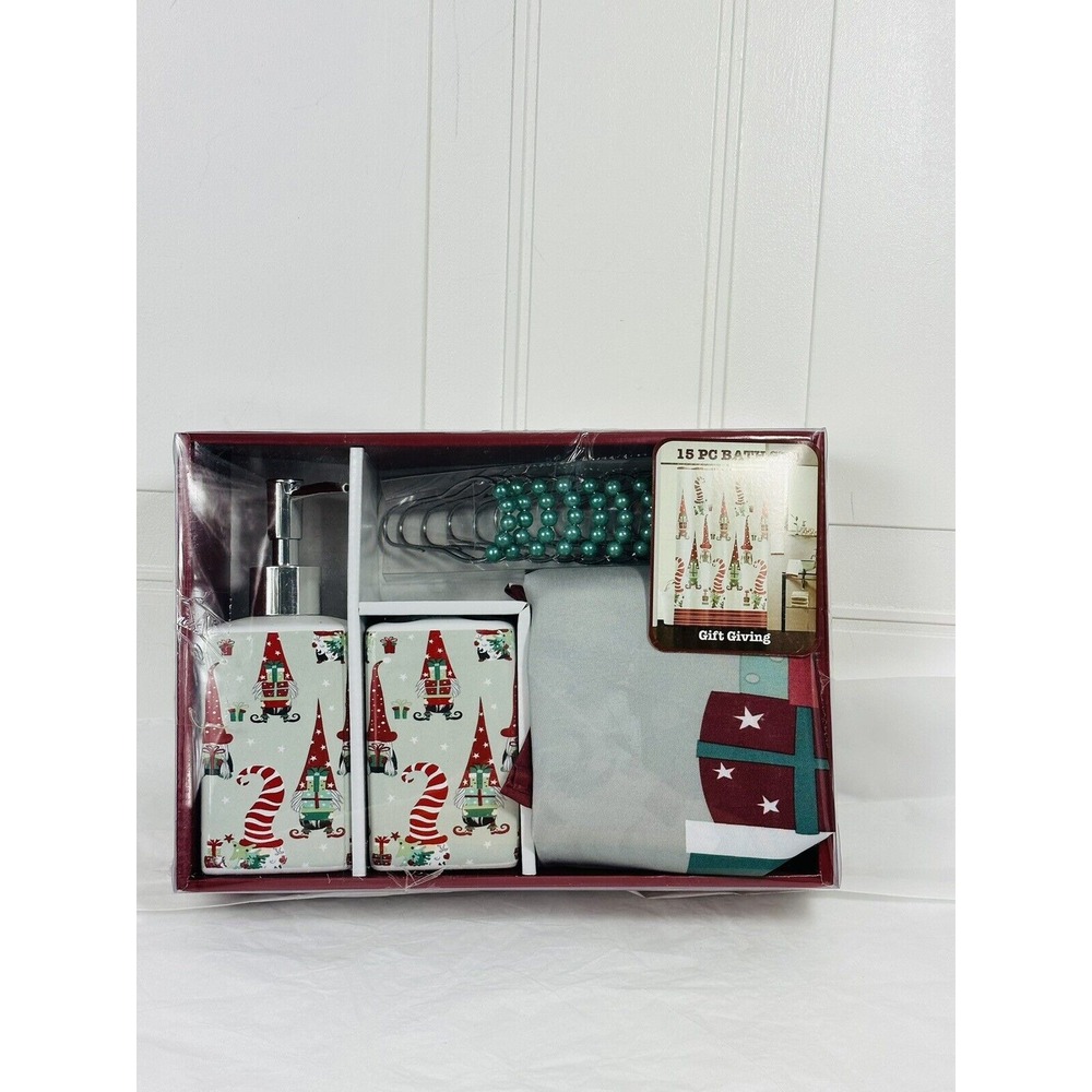 Holiday Home 15pc Bath Set Christmas Gnomes Christmas Bathroom Decor